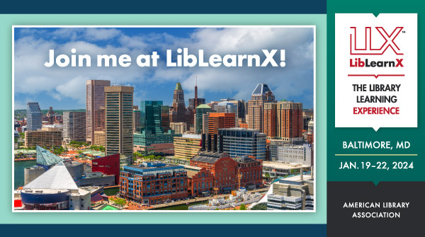 Sample of Join me at LibLearnX! social media share with the skyline of Baltimore in the background.